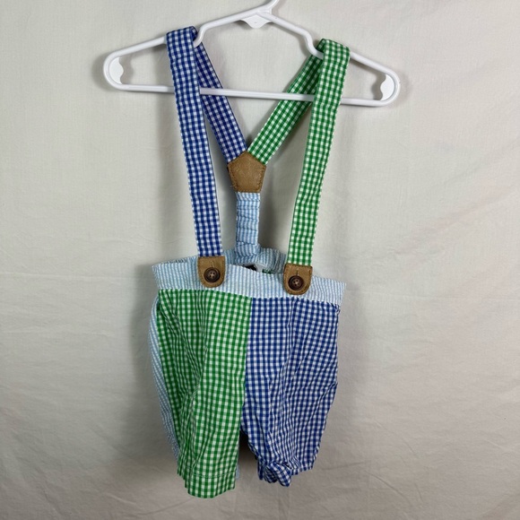 Mudpie Green and Blue Suspender Shorts Boys Size 12-18 - Picture 1 of 4